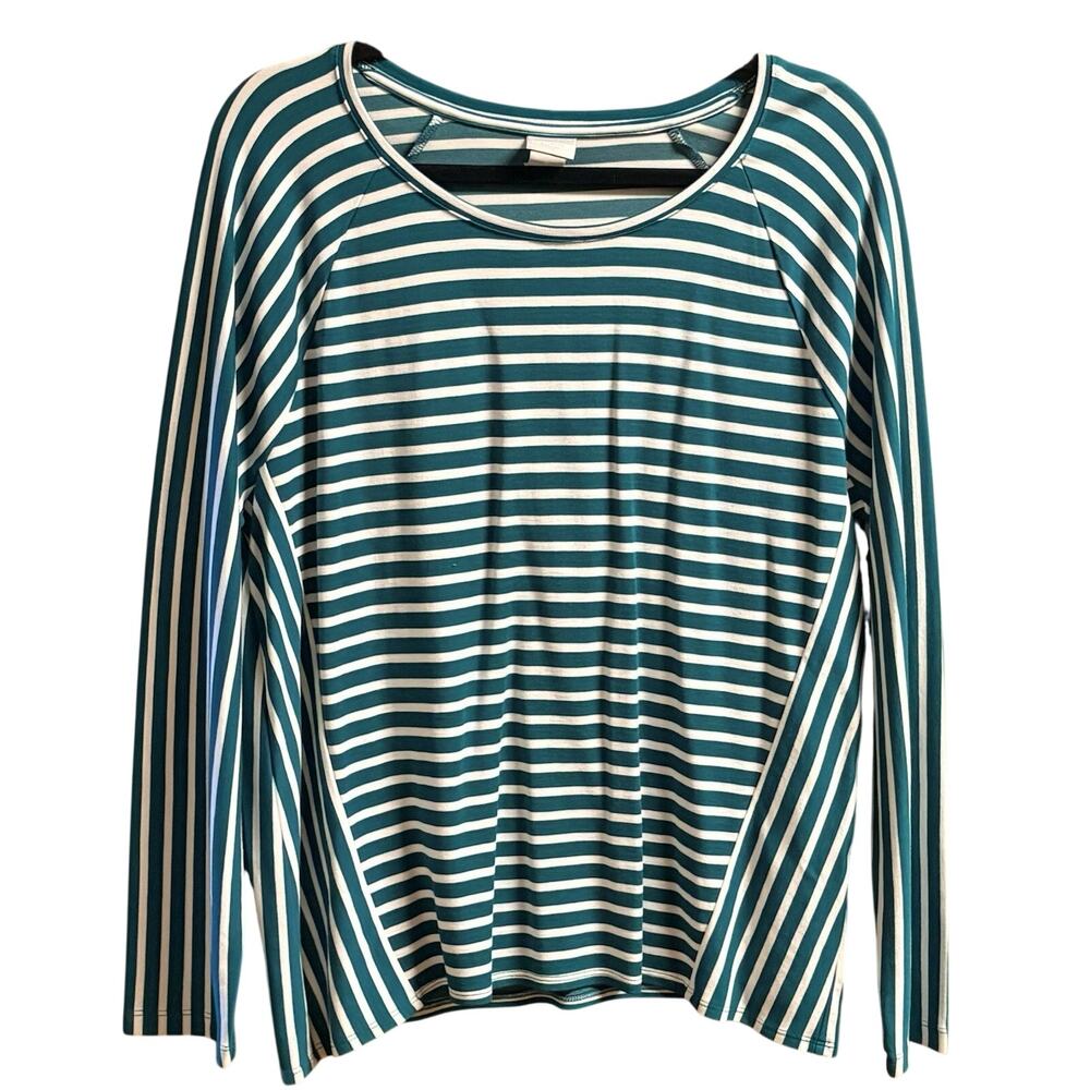 NWT Chicos Wmns Shirt Size 2 (US Size Large) Striped Green/White Long Sleeve
